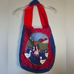 Handmade Red & Blue Patchwork Tote Bag with Bonnet Girl And Geese